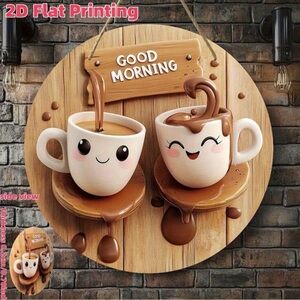 2D Flat Morning Tea Round Wooden Wall Sign – 8x8 Inch